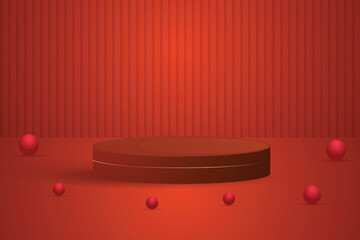 Realistic 3D red cylindrical podium background with golden balls, arch backdrop wall scene. Minimal mockup or abstract product display presentation, Stage showcase. Platforms vector geometric design.