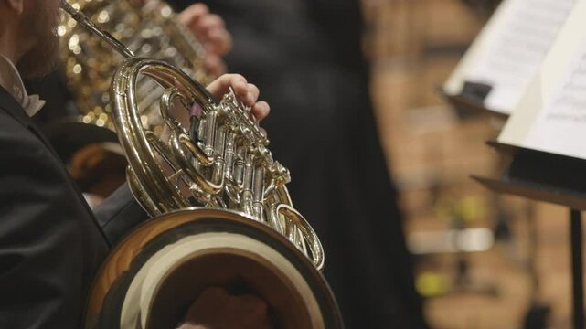 A French horn section performing during a classical symphony orchestra concert. Nr.1
