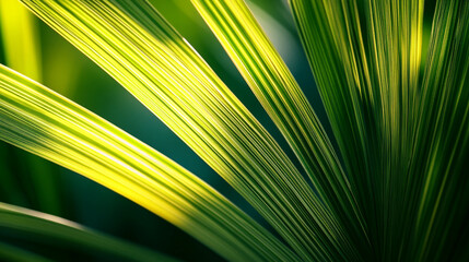 Obraz premium Lush green palm leaves basking in sunlight with intricate textures and patterns