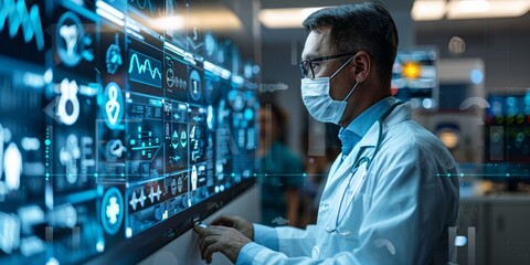  A doctor wearing a mask analyzing patient data on futuristic digital screens in a high-tech medical facility