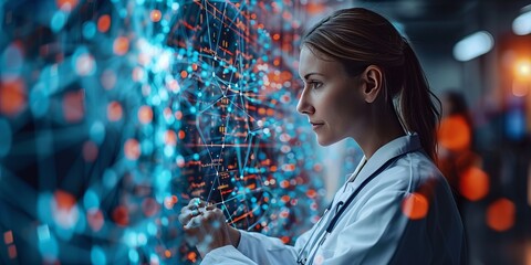 Focused female doctor interacting with glowing blue and orange digital network, representing advanced medical research