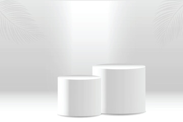 pedestal podium mockup. Abstract white 3D vector room with realistic white cylinder pedestal podium set. Minimal scene for product display presentation. Vector geometric platform. Stage for showcase.