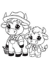 coloring book cow as farmer pose 