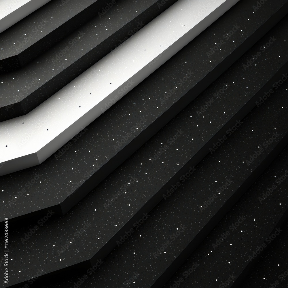 Poster abstract geometric layers in black and white with speckles, creating a modern design illusion.