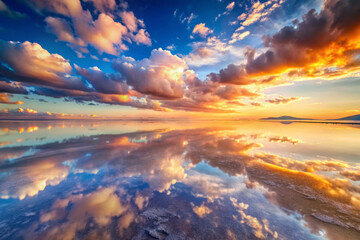 Fototapeta premium Aerial view of expansive salt flat with pristine white landscape under clear blue sky, showcasing vibrant sunset colors and reflections in water