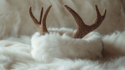 Fototapeta premium Elegant Antler Crown with Soft White Faux Fur Background