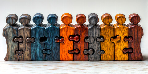 Figurines en bois colorées représentant des personnes emboîtées comme un puzzle 