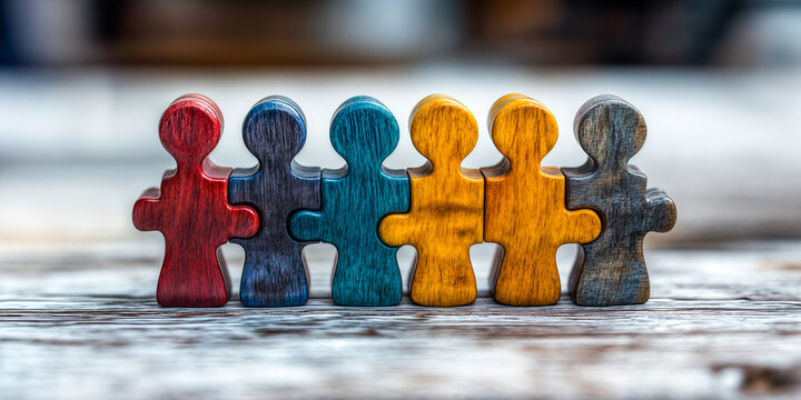 Figurines en bois colorées représentant une équipe emboîtées comme un puzzle 
