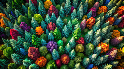 Fototapeta premium Aerial view of vibrant, chromatic evergreen forest showcasing rich variety of colors and textures, perfect for nature and landscape photography