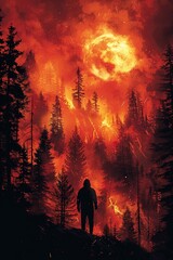 Fototapeta premium a mountain of fire, nature landscape, silhouette of a standing man, trees, orange color mix, flat design style