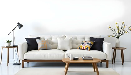 A modern, minimalist living room with a large, tufted white sofa, wooden coffee table, and decorative throw pillows in bright colors, during the day with natural light streaming in