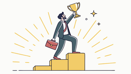 Business Success Concept. Vector illustration in flat style of a man in a business suit with a winner's cup in his hand, standing on a golden pedestal in the rays of glory. Isolated on background