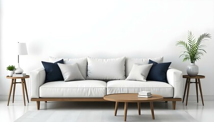 A modern, minimalist living room with a large, tufted white sofa, wooden coffee table, and decorative throw pillows in bright colors, during the day with natural light streaming in