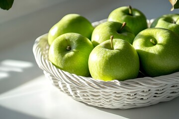 Green Apples in White Basket, Sunlit