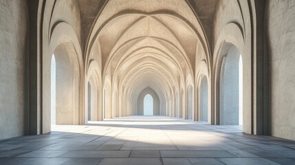 Obraz premium A Serene Architectural Masterpiece: A Long, Light-Filled Corridor of Pointed Arches