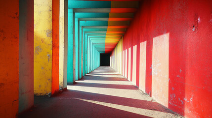 Colorful tunnel view showcasing vibrant walls and deep shadows in bright daylight