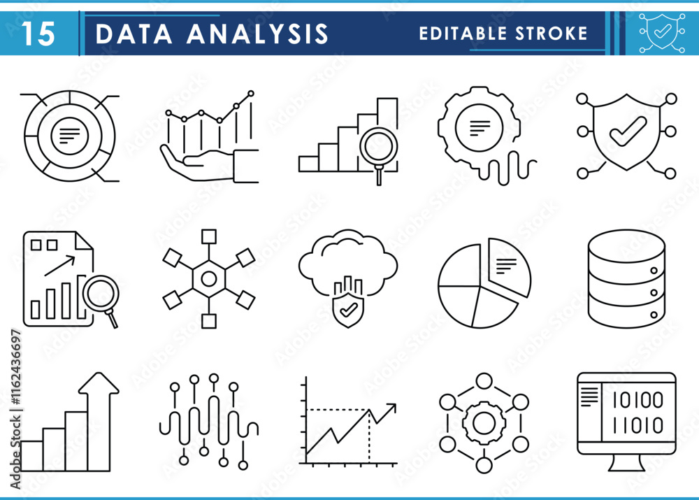 Poster a set of line icons related to data analysis. data, digital, security, physical, statistical, histog