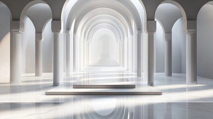 Fototapeta premium Serene White Archway Hallway: A Minimalist Architectural Masterpiece