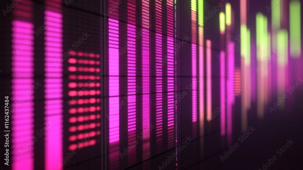 Poster blurry music equalizer colorful lines and glowing spectrum representing audio frequency levels.