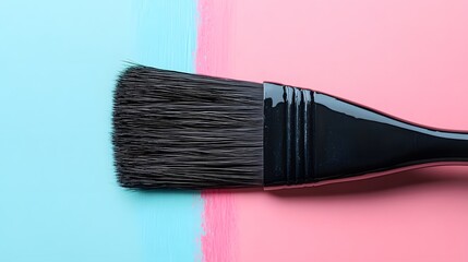 Paint brush with black bristles paints a line between pink and light blue backgrounds, showcasing a minimalist composition and creative transition in flat lay photography.