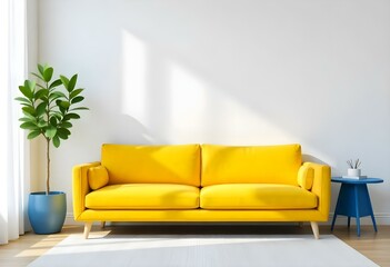 A yellow sofa in a minimalist living room with a white wall and a blue side table