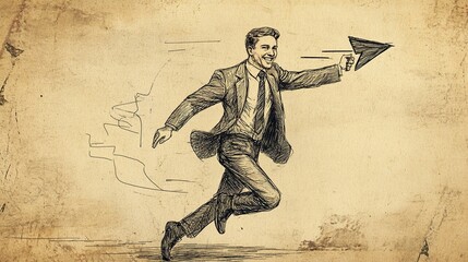 Collage sketch image of happy smiling nice motivated business man running arrow showing direction