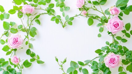 Delicate pink roses framing a heart shape on white background floral art nature aesthetic