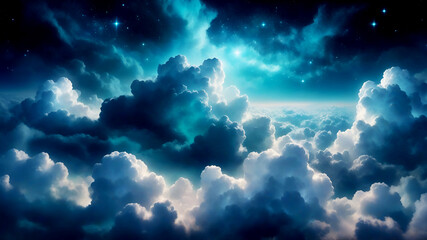 Ethereal cloudscape, magical starry night sky, deep teal and azure gradient, soft white clouds, twinkling stars, dreamy atmosphere, celestial beauty, mystical ambiance, fantasy backdrop, serene heaven