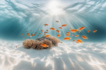 Underwater scene with orange fish swimming above coral reef on sandy seabed, sunbeams shining through water.