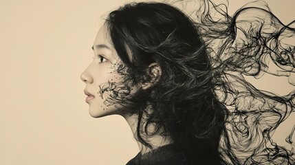 Naklejka premium Conceptual artwork of a young Asian woman's half head with swirling doodles representing inner conflict and emotional growth. Ideal for psychology and mindfulness.