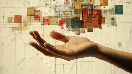 Creative image collage human hand palm 3d cubes geometric figures network diagram charts growth progress drawing background