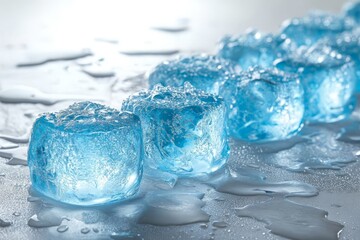 A close-up of blue ice cubes with water droplets on a smooth surface.