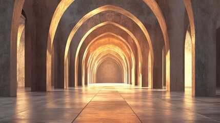 Fototapeta premium Golden Hour in an Archway Hall: A 3D Render of Majestic Architecture