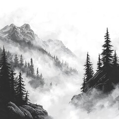 Fototapeta premium Monochromatic Watercolor Painting of Misty Mountain Landscape with Pine Trees.