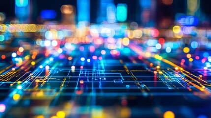 Fototapeta premium Abstract Digital Cityscape, bokeh lights of city with futuristic network connection lines.