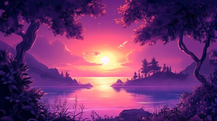 Purple Sunset Over Calm Water And Silhouetted Trees