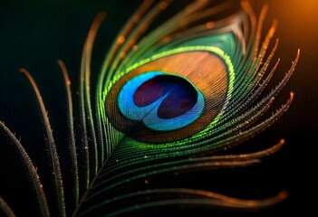 Obraz premium Vibrant peacock feather showing its iridescent colors on a dark background