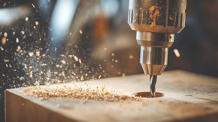 Close up of steel drill with wood chippings flying off at carpenter workshop