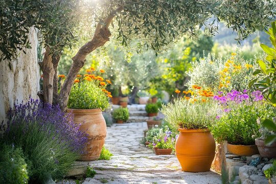 Sunlit Garden Path: Flowers Bloom in Pots - Powered by Adobe