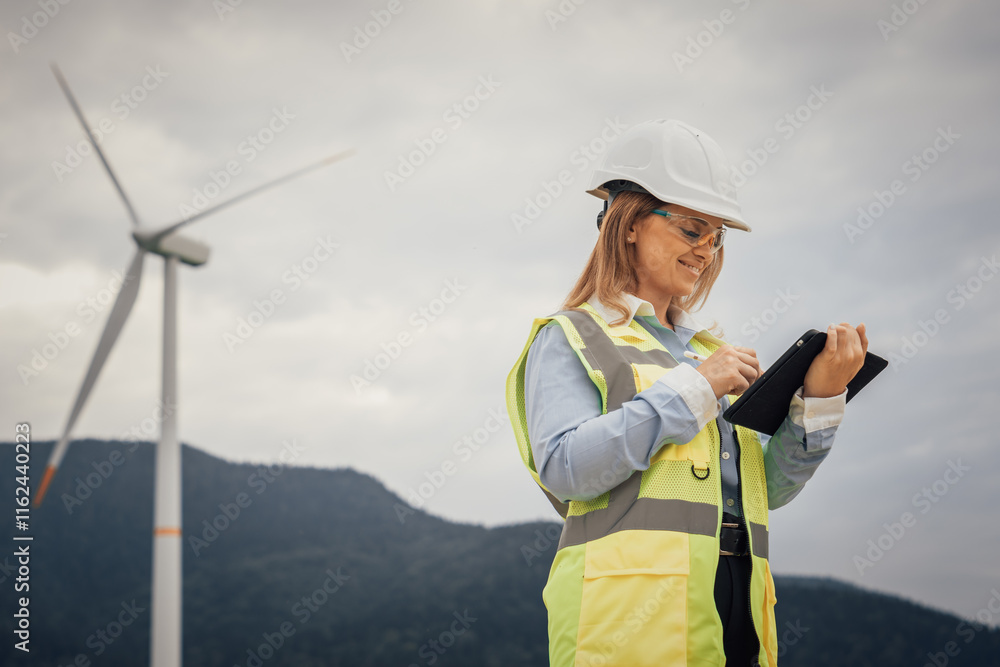Poster a skilled female engineer monitors wind turbines with a tablet, ensuring optimal performance. her ex