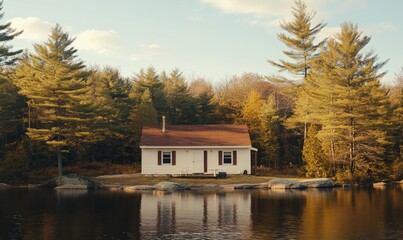 Fototapeta premium White cottage by lake in autumn woods.