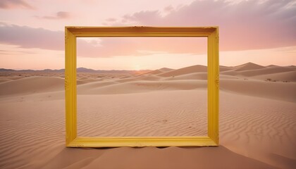 Un gran marco rectangular amarillo situado en un paisaje desértico con un cielo nublado al fondo