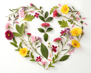 The shape of a heart drawn with a multitude of leaves and colorful flowers on a white background - Valentine's Day - Lovers' Day - Spring is coming - Generative Ai 