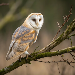 Graceful barn owl perched on mossy branch in serene woodland environment.