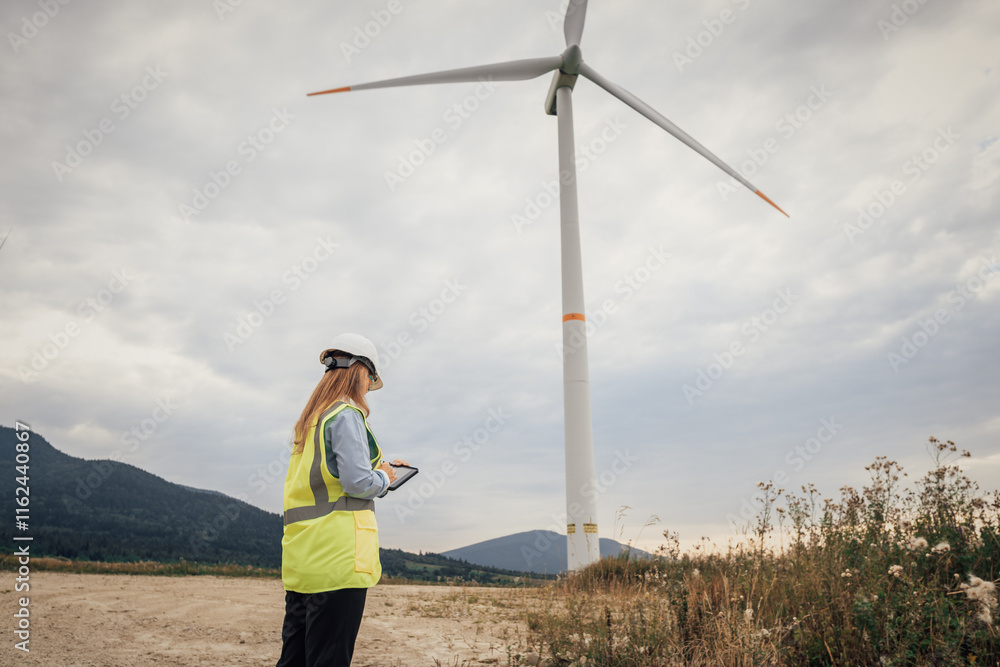 Aufkleber an engineer is currently assessing the operation of wind turbines within a comprehensive sustainable