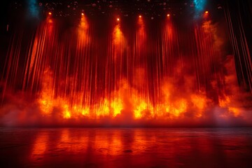 A dramatic stage scene with vibrant orange lights and smoke, creating an intense atmosphere.