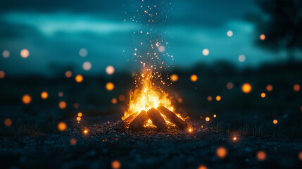 Glowing bonfire with sparks at night for Holi celebration.