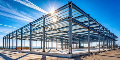 Naklejka premium Minimalist Construction: Steel Frame Building Against Blue Sky