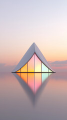 A triangular structure with colorful glowing panels reflects on a calm water surface under a pastel sky at sunset.