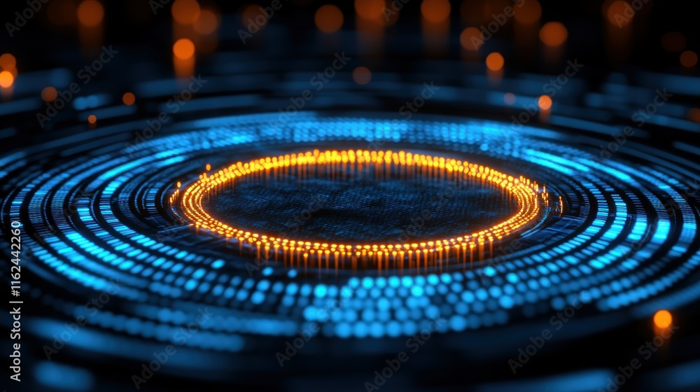 Poster abstract digital visualization with glowing circular patterns.